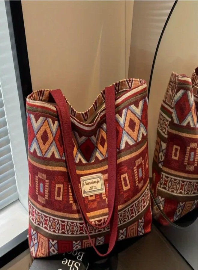Gowloz Bohemian Chic Canvas Tote Bag - Ethnic Geometric Print, Burgundy Multi-Color, Spacious Shoulder Handbag for Work, Travel & Everyday Use - Image 5
